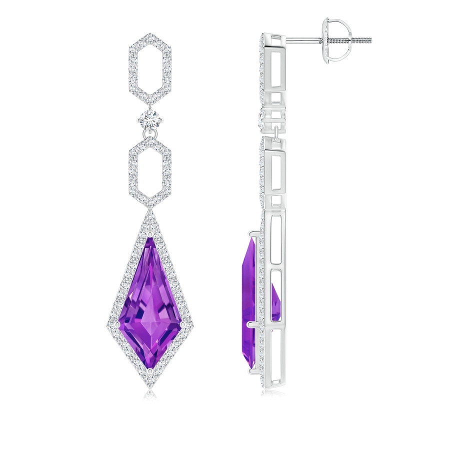 14x7mm AAAA Amethyst Elongated Hexagonal Frame Dangle Earrings in White Gold side 1