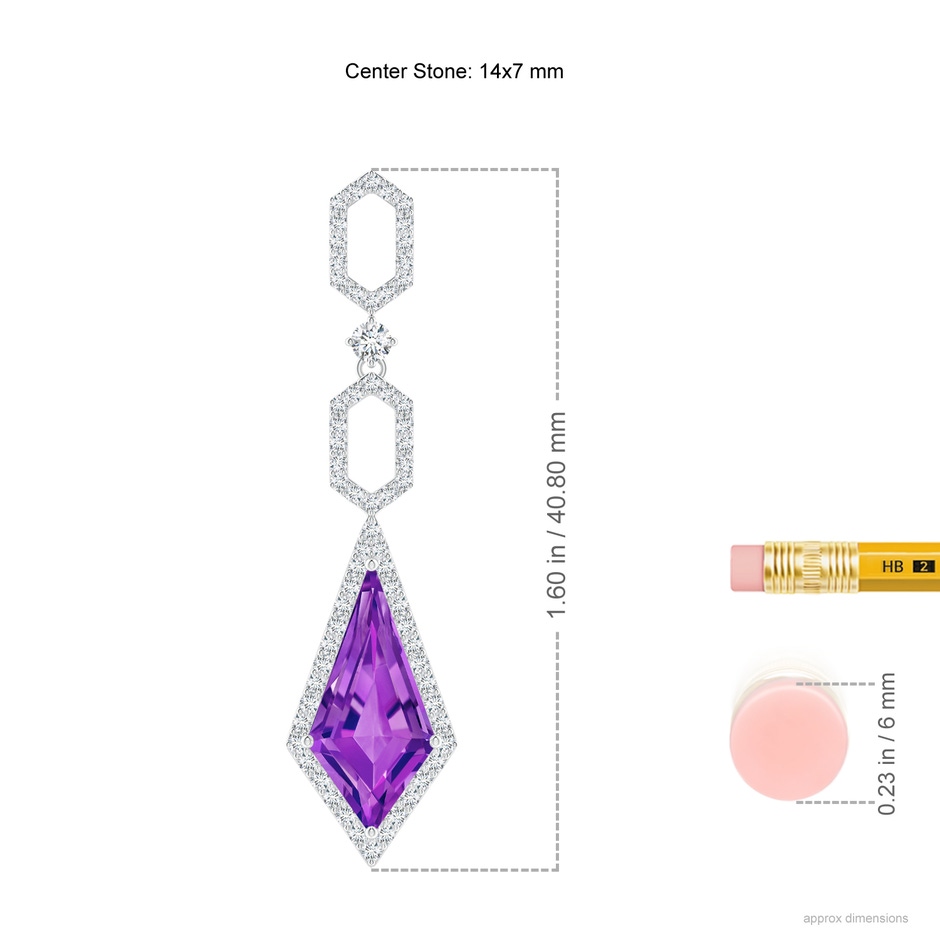 14x7mm AAAA Amethyst Elongated Hexagonal Frame Dangle Earrings in White Gold ruler