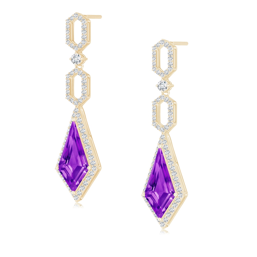 14x7mm AAAA Amethyst Elongated Hexagonal Frame Dangle Earrings in Yellow Gold