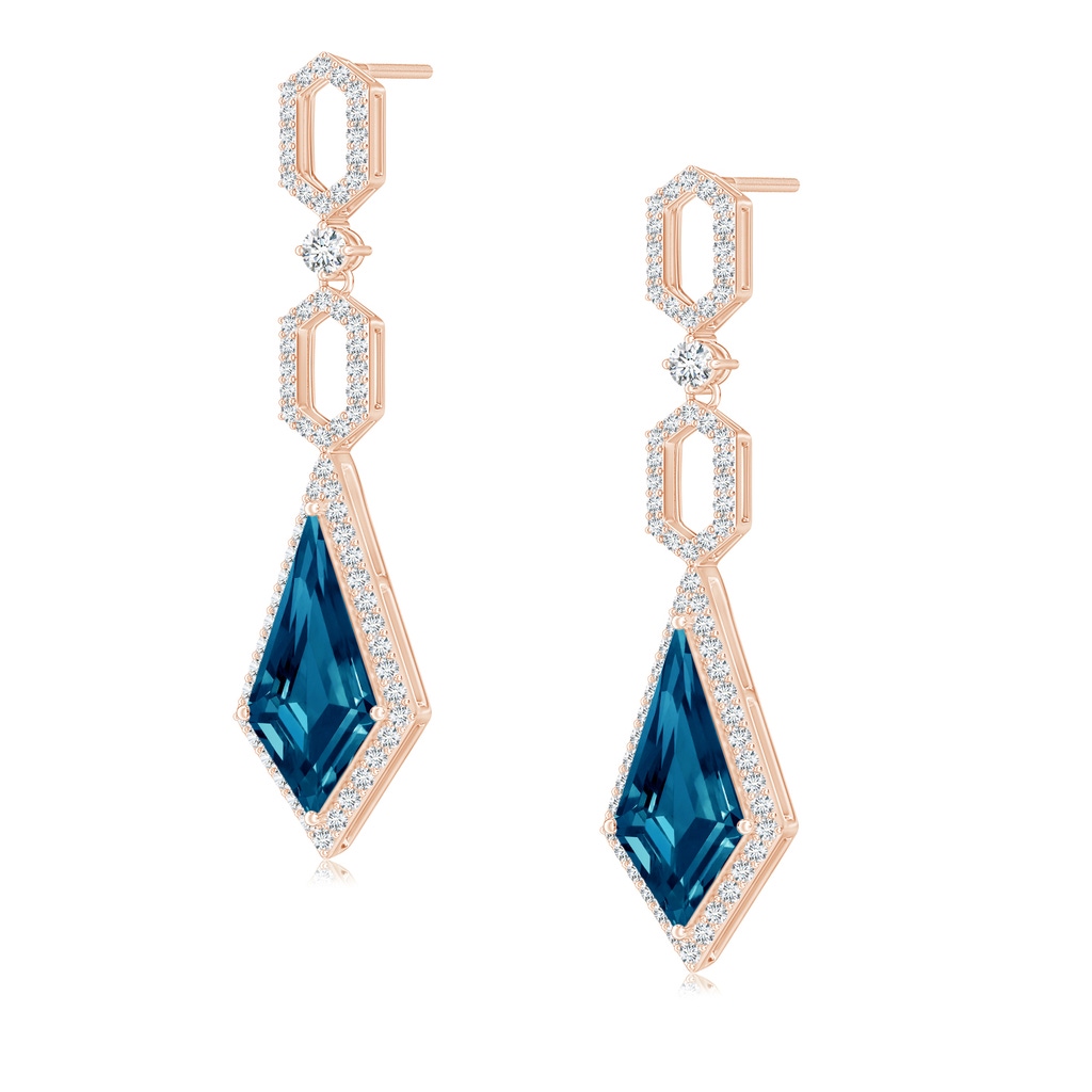 14x7mm AAAA London Blue Topaz Elongated Hexagonal Frame Dangle Earrings in Rose Gold