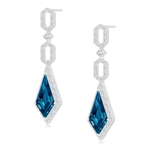 14x7mm AAAA London Blue Topaz Elongated Hexagonal Frame Dangle Earrings in White Gold