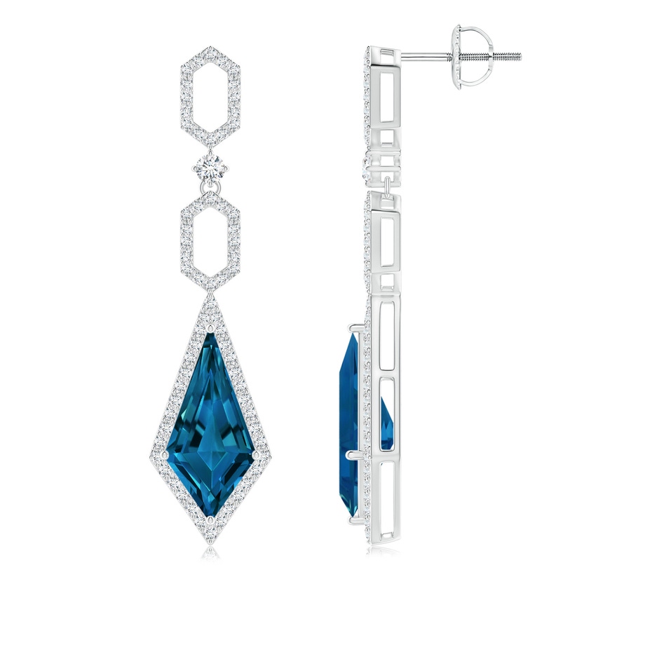 14x7mm AAAA London Blue Topaz Elongated Hexagonal Frame Dangle Earrings in White Gold side 1