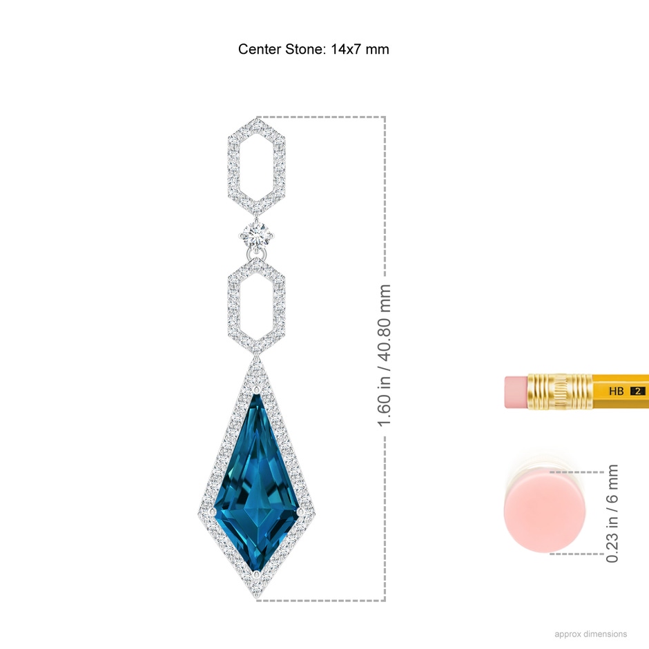 14x7mm AAAA London Blue Topaz Elongated Hexagonal Frame Dangle Earrings in White Gold ruler