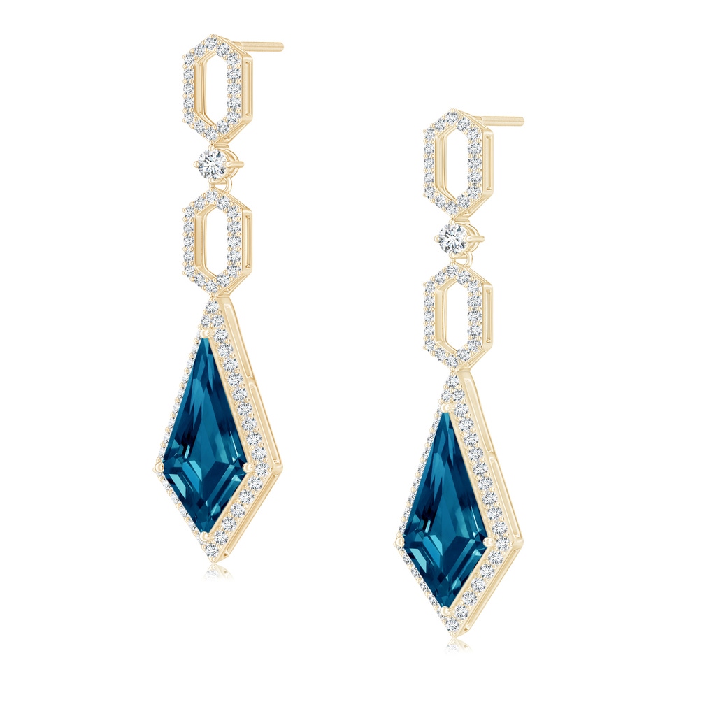 14x7mm AAAA London Blue Topaz Elongated Hexagonal Frame Dangle Earrings in Yellow Gold