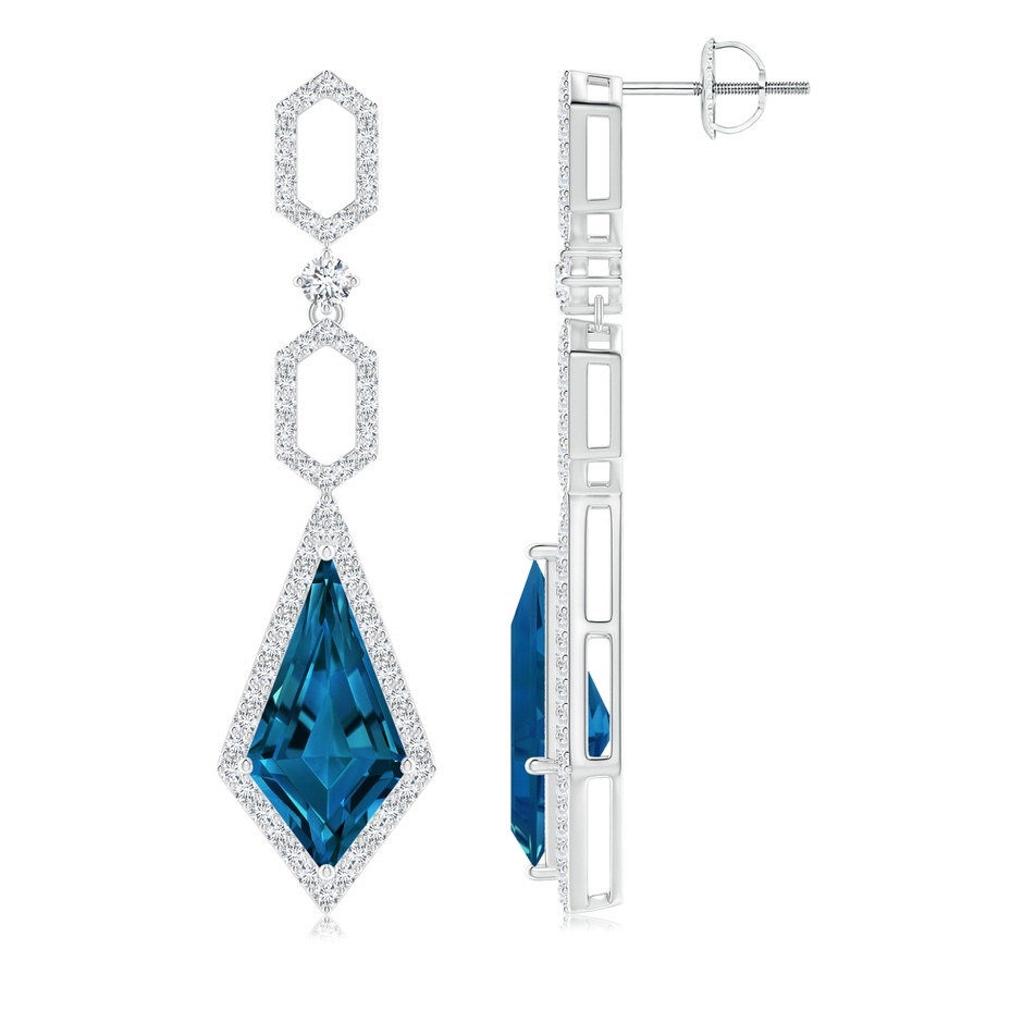 15x8mm AAAA London Blue Topaz Elongated Hexagonal Frame Dangle Earrings in White Gold side 1