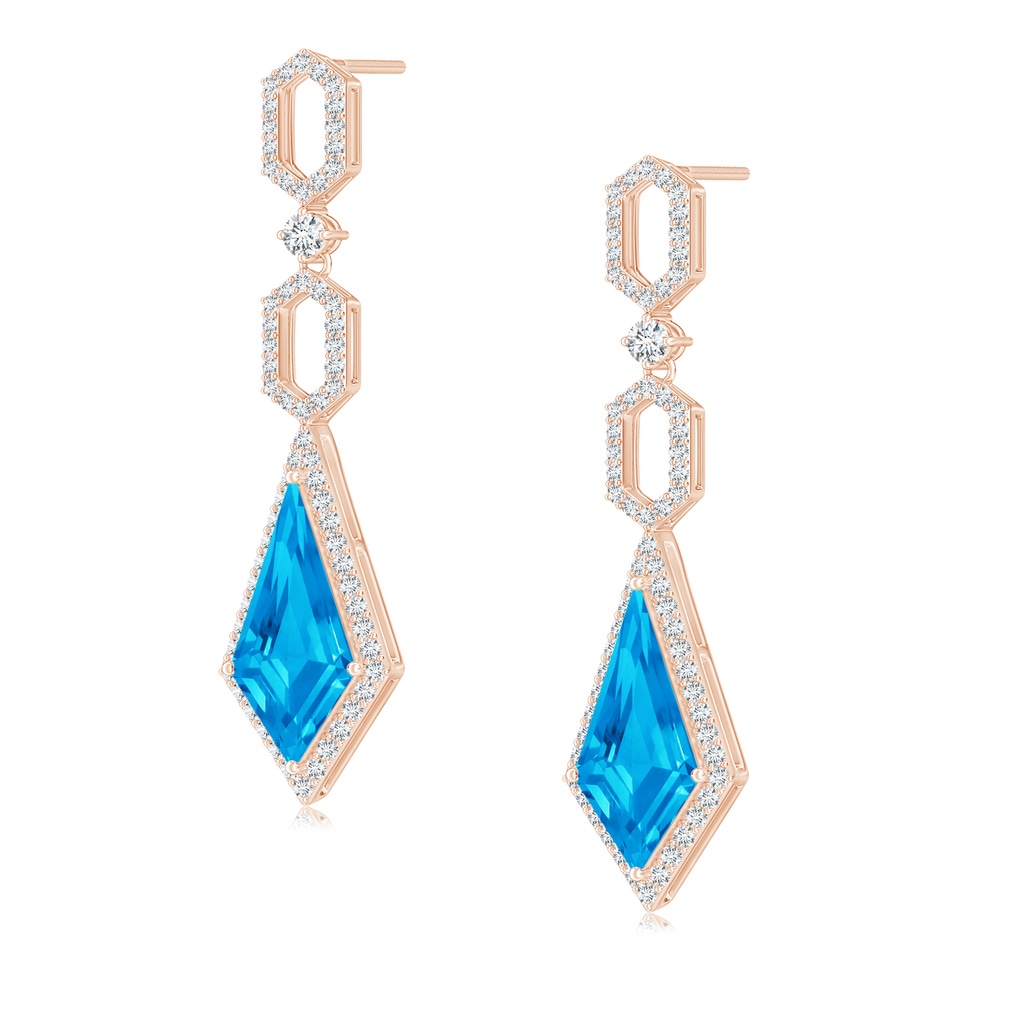 14x7mm AAAA Swiss Blue Topaz Elongated Hexagonal Frame Dangle Earrings in Rose Gold