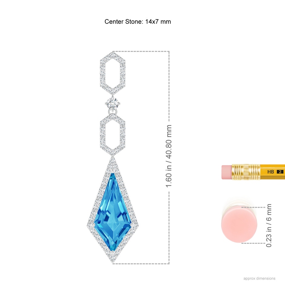 14x7mm AAAA Swiss Blue Topaz Elongated Hexagonal Frame Dangle Earrings in White Gold ruler