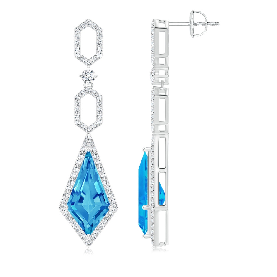 15x8mm AAAA Swiss Blue Topaz Elongated Hexagonal Frame Dangle Earrings in White Gold side 1