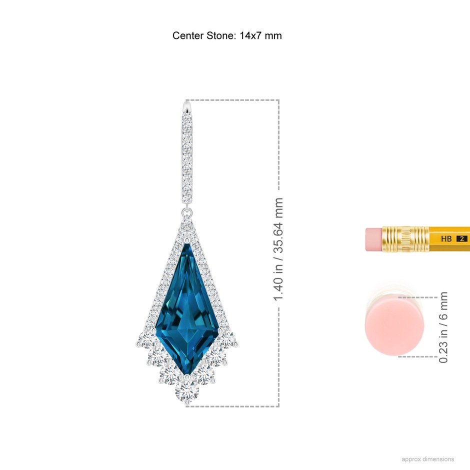 14x7mm AAAA Kite-Shaped Step-Cut London Blue Topaz Leverback Earrings in White Gold ruler