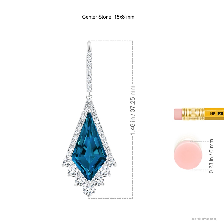 15x8mm AAAA Kite-Shaped Step-Cut London Blue Topaz Leverback Earrings in White Gold ruler