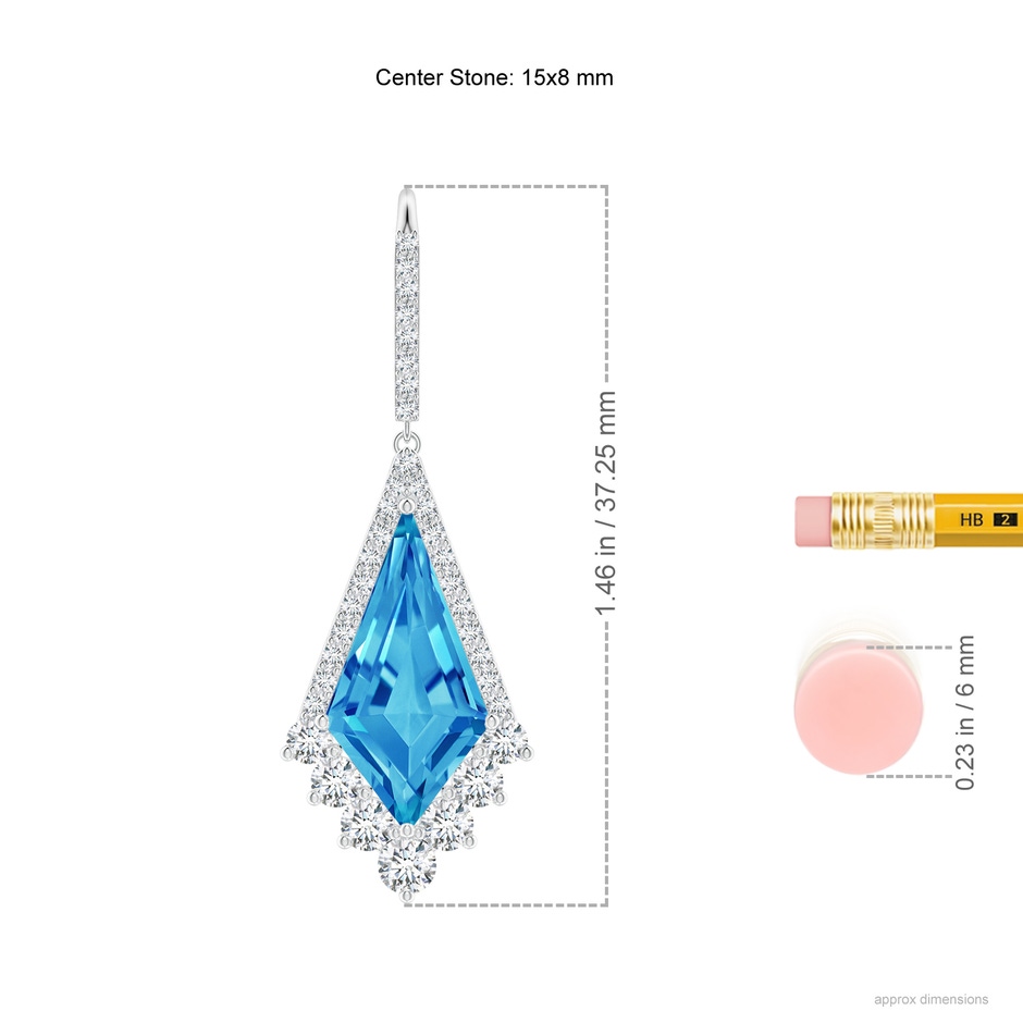 15x8mm AAAA Kite-Shaped Step-Cut Swiss Blue Topaz Leverback Earrings in White Gold ruler