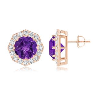 9mm AAAA Round Amethyst Studs with Octagonal Halo in 9K Rose Gold