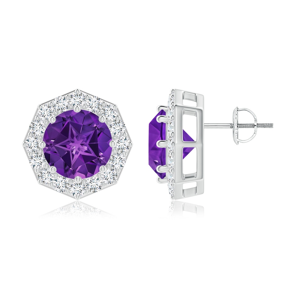 9mm AAAA Round Amethyst Studs with Octagonal Halo in White Gold 