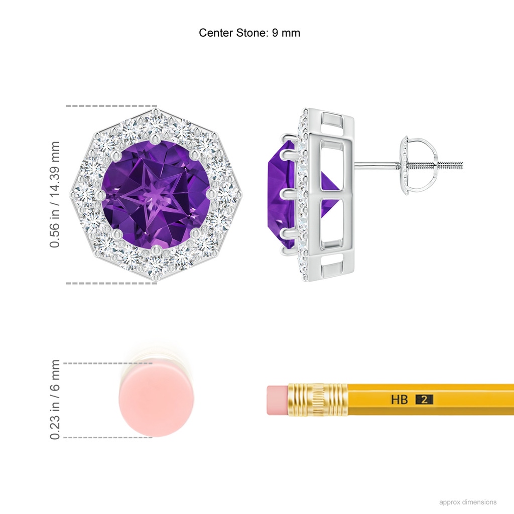 9mm AAAA Round Amethyst Studs with Octagonal Halo in White Gold Ruler