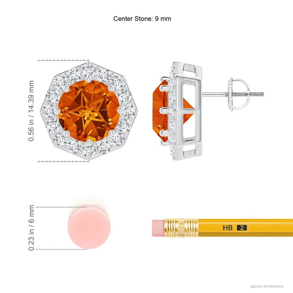 9mm AAAA Round Citrine Studs with Octagonal Halo in P950 Platinum Ruler