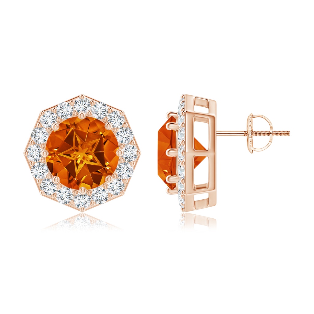 9mm AAAA Round Citrine Studs with Octagonal Halo in Rose Gold