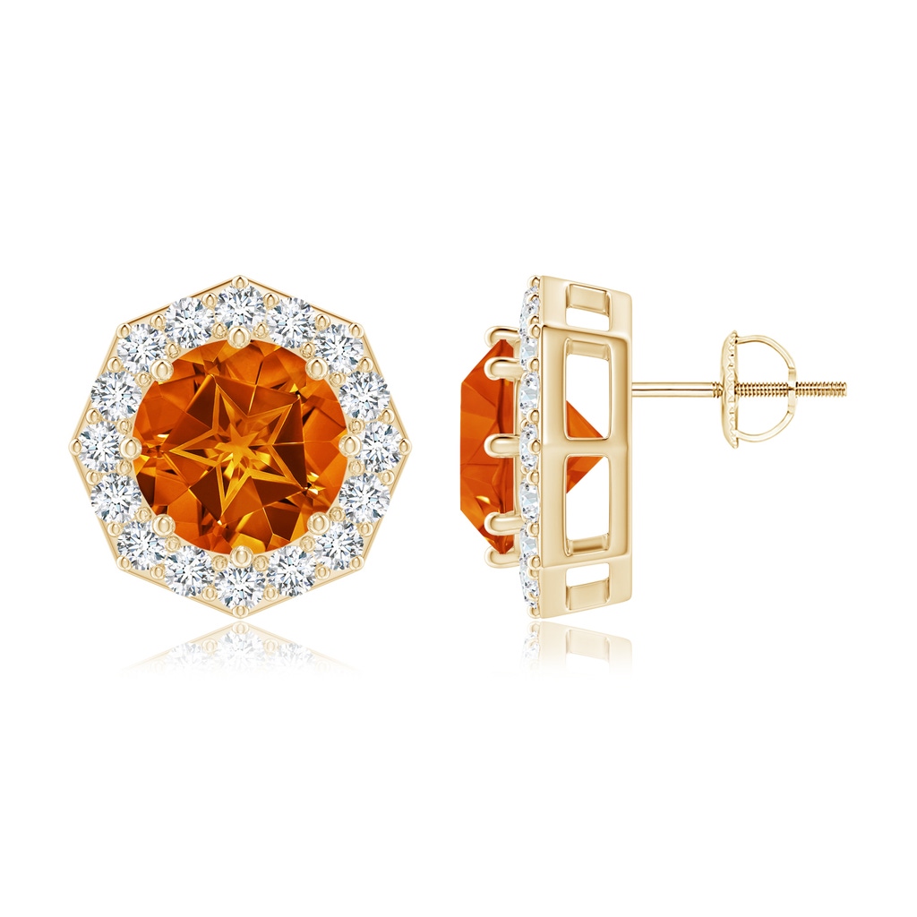 9mm AAAA Round Citrine Studs with Octagonal Halo in Yellow Gold