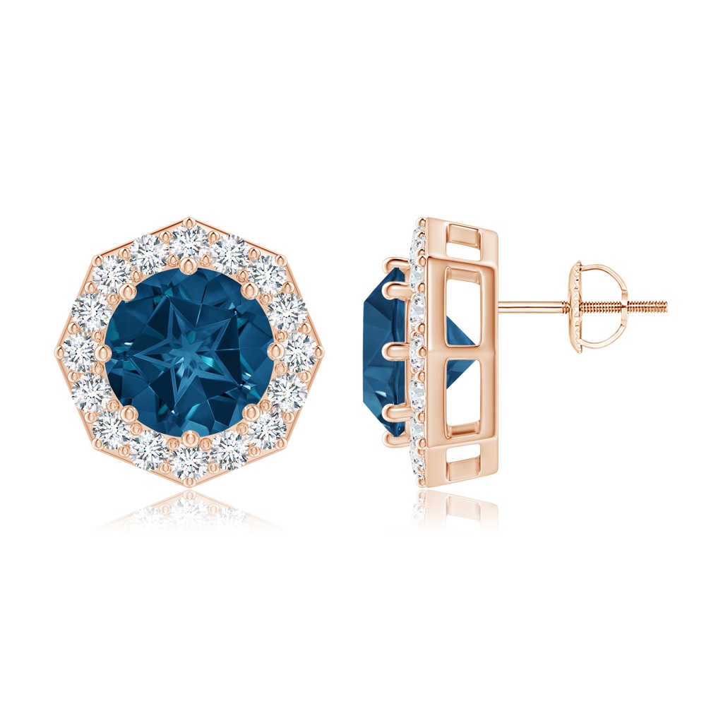 9mm AAAA Round London Blue Topaz Studs with Octagonal Halo in Rose Gold