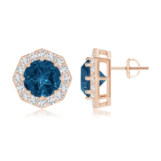 9mm AAAA Round London Blue Topaz Studs with Octagonal Halo in Rose Gold