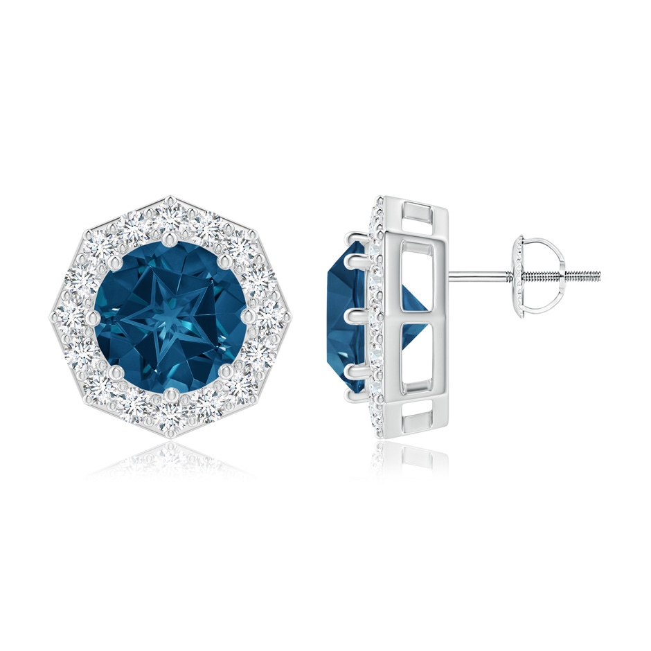 9mm AAAA Round London Blue Topaz Studs with Octagonal Halo in White Gold 