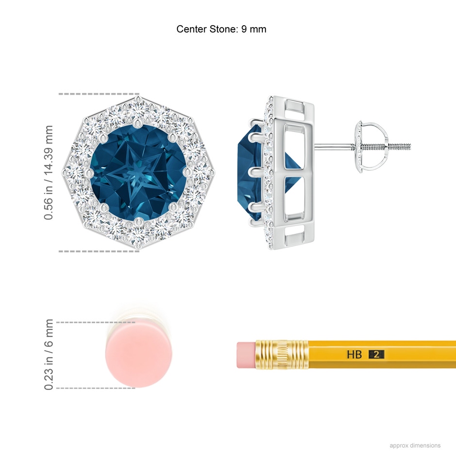 9mm AAAA Round London Blue Topaz Studs with Octagonal Halo in White Gold ruler