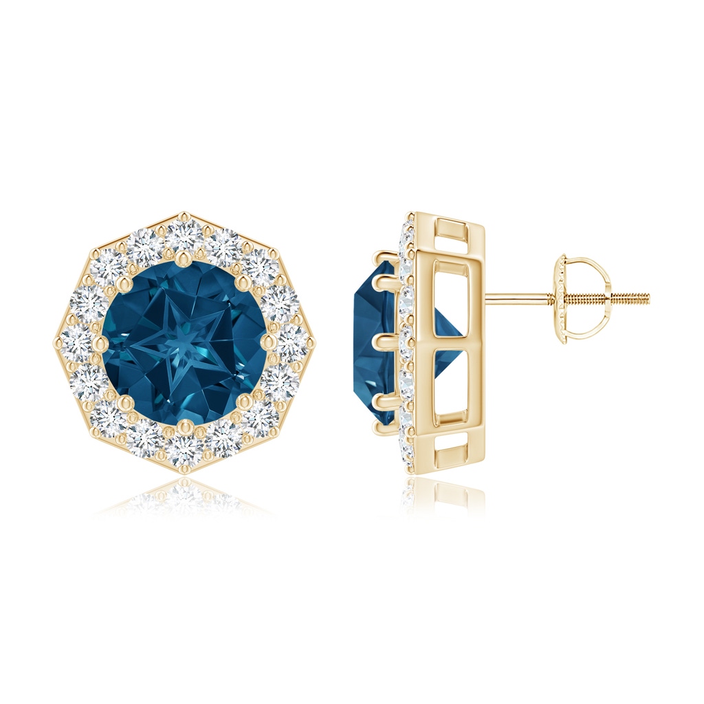 9mm AAAA Round London Blue Topaz Studs with Octagonal Halo in Yellow Gold