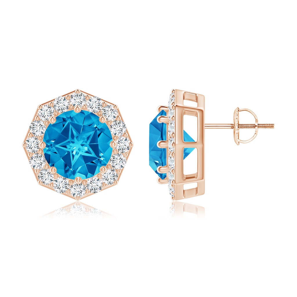 9mm AAAA Round Swiss Blue Topaz Studs with Octagonal Halo in Rose Gold