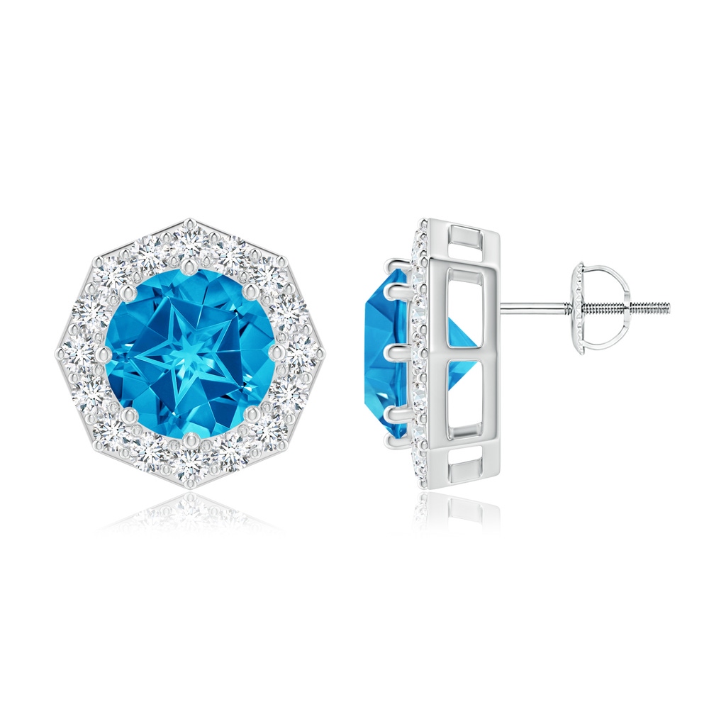 9mm AAAA Round Swiss Blue Topaz Studs with Octagonal Halo in White Gold