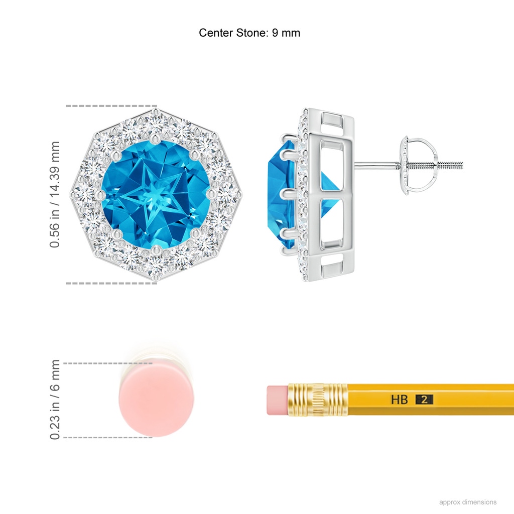 9mm AAAA Round Swiss Blue Topaz Studs with Octagonal Halo in White Gold Ruler