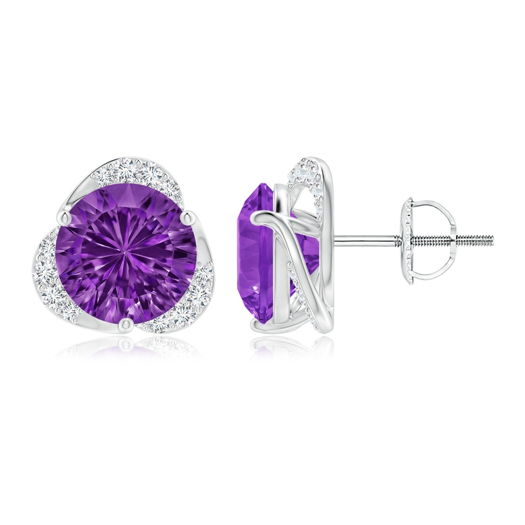 8mm AAAA Round Amethyst Three Petal Flower Studs in White Gold 