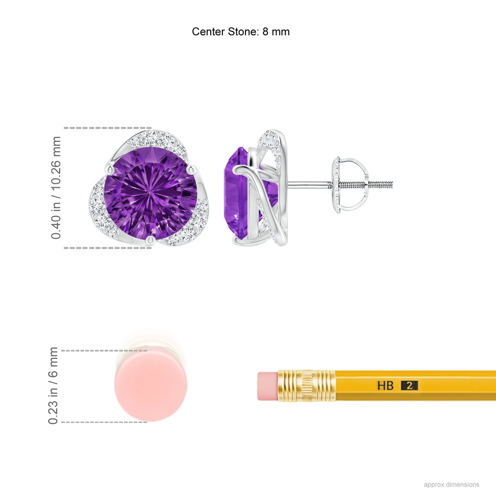 8mm AAAA Round Amethyst Three Petal Flower Studs in White Gold Ruler