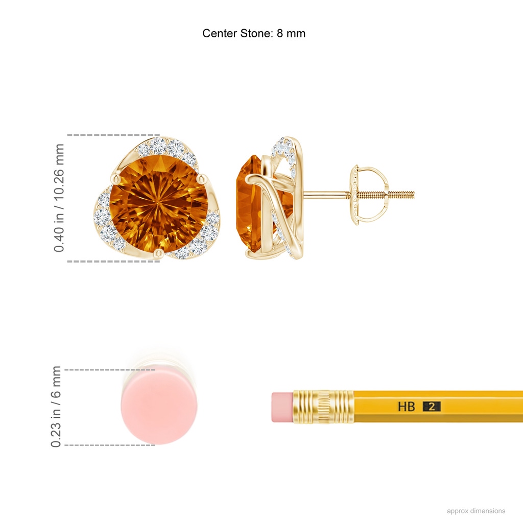 8mm AAAA Round Citrine Three Petal Flower Studs in Yellow Gold Ruler