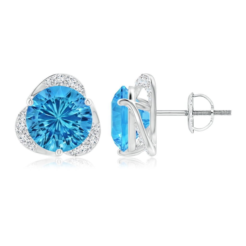 8mm AAAA Round Swiss Blue Topaz Three Petal Flower Studs in White Gold