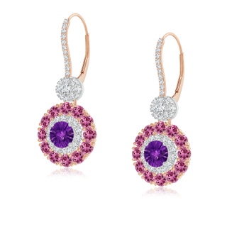 5mm AAAA Amethyst and Pink Tourmaline Double Halo Earrings in 9K Rose Gold 9K White Gold