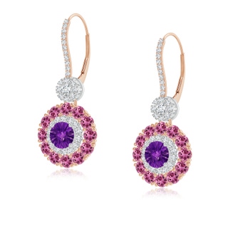 5mm AAAA Amethyst and Pink Tourmaline Double Halo Earrings in Rose Gold White Gold