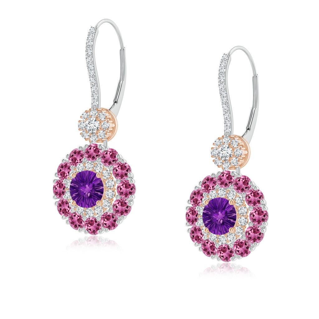 5mm AAAA Amethyst and Pink Tourmaline Double Halo Earrings in White Gold Rose Gold