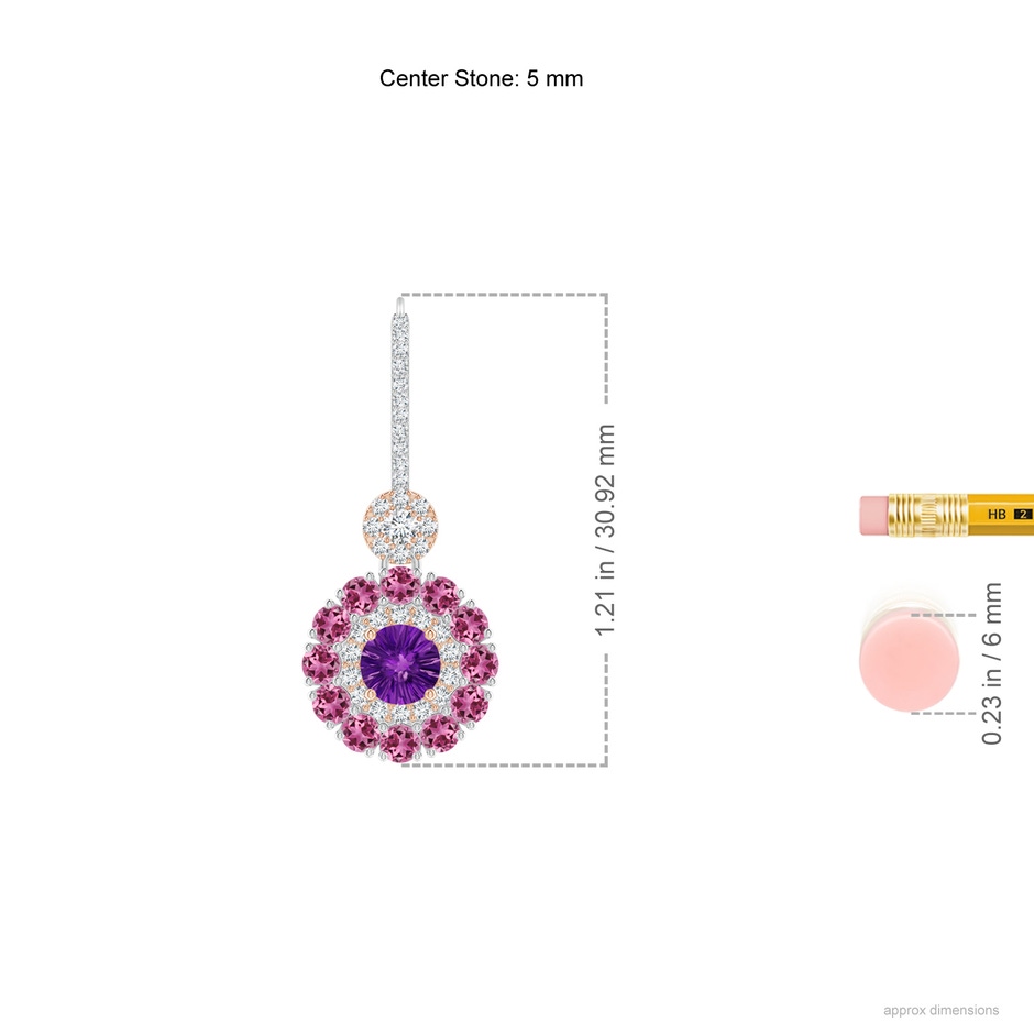 5mm AAAA Amethyst and Pink Tourmaline Double Halo Earrings in White Gold Rose Gold ruler