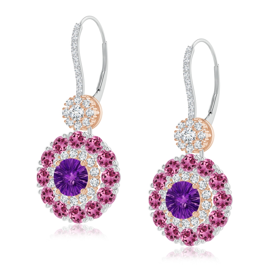 6mm AAAA Amethyst and Pink Tourmaline Double Halo Earrings in White Gold Rose Gold