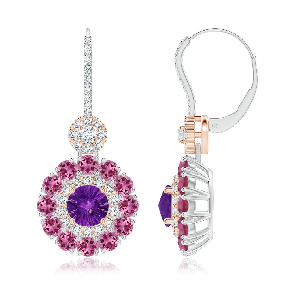 6mm AAAA Amethyst and Pink Tourmaline Double Halo Earrings in White Gold Rose Gold Side-1