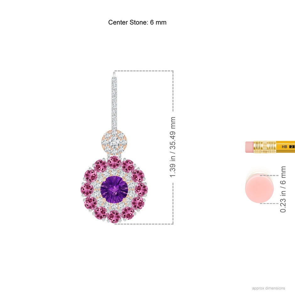 6mm AAAA Amethyst and Pink Tourmaline Double Halo Earrings in White Gold Rose Gold ruler