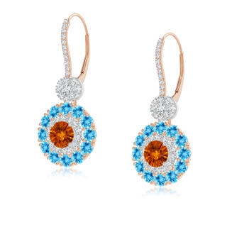 5mm AAAA Citrine and Swiss Blue Topaz Double Halo Earrings in 10K Rose Gold 10K White Gold