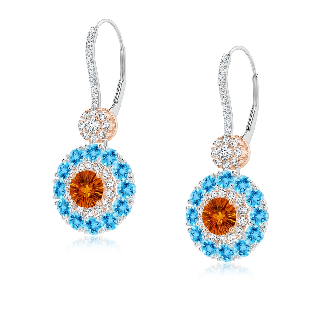 5mm AAAA Citrine and Swiss Blue Topaz Double Halo Earrings in White Gold Rose Gold