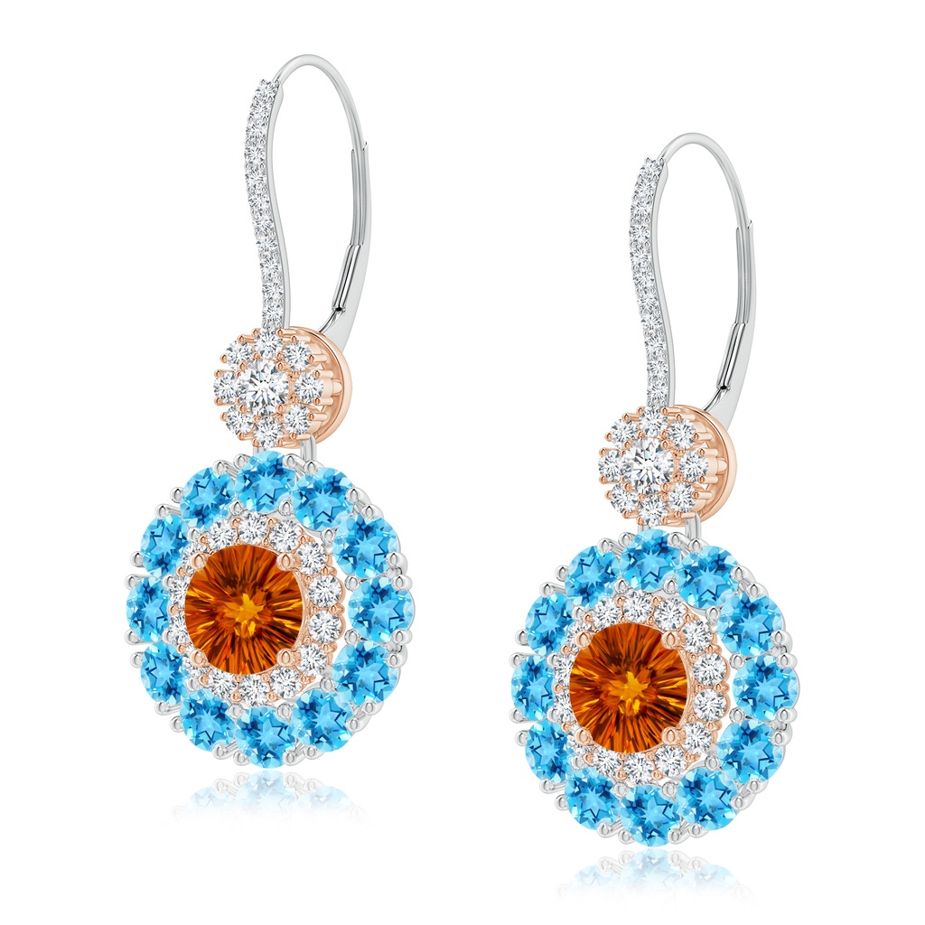 6mm AAAA Citrine and Swiss Blue Topaz Double Halo Earrings in White Gold Rose Gold