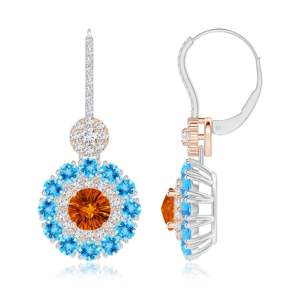 6mm AAAA Citrine and Swiss Blue Topaz Double Halo Earrings in White Gold Rose Gold Side-1