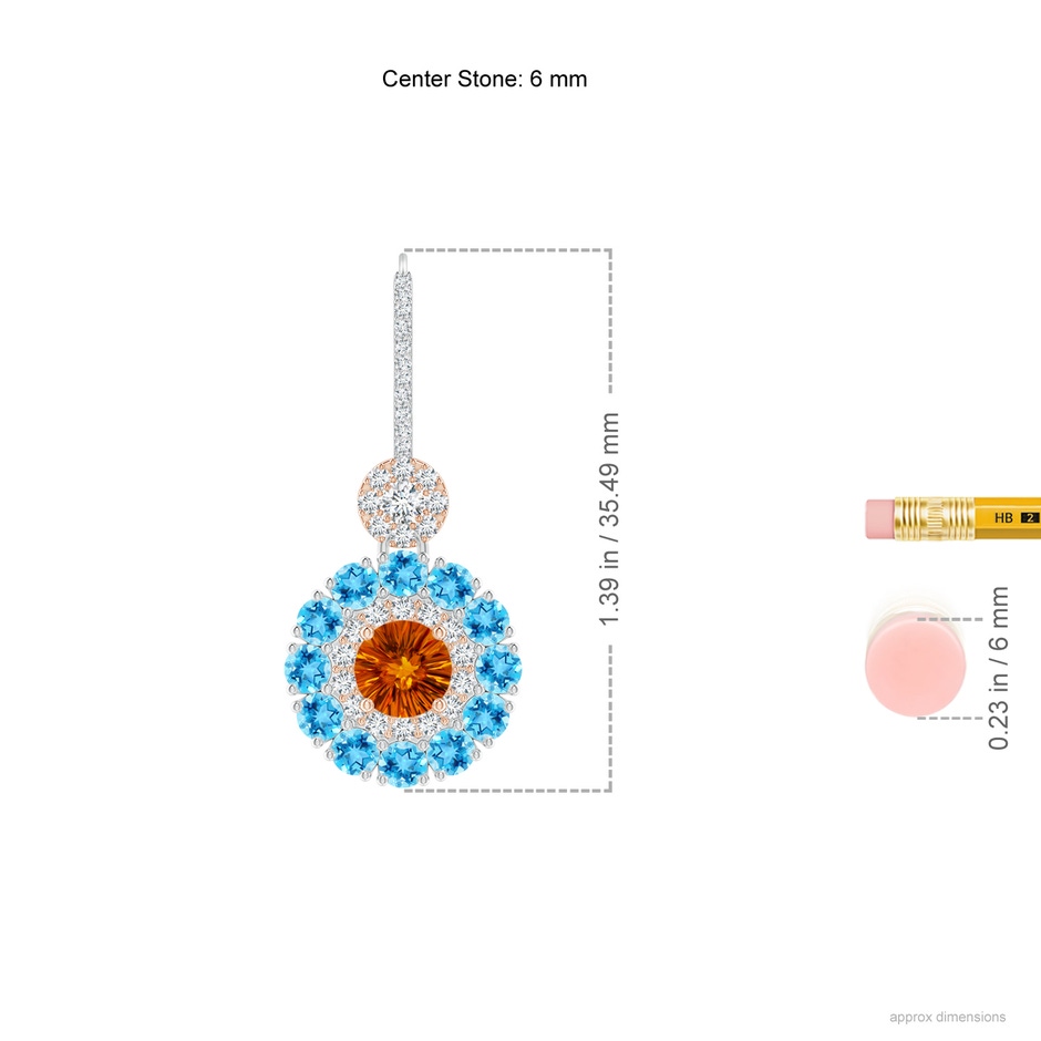 6mm AAAA Citrine and Swiss Blue Topaz Double Halo Earrings in White Gold Rose Gold ruler