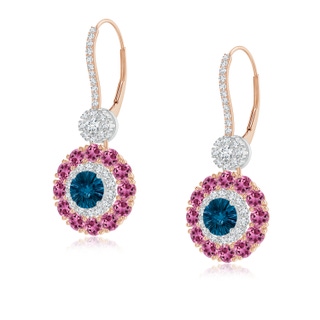 5mm AAAA London Blue Topaz and Pink Tourmaline Double Halo Earrings in 9K Rose Gold 9K White Gold