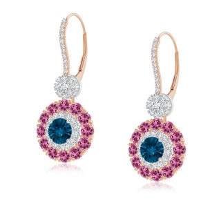 5mm AAAA London Blue Topaz and Pink Tourmaline Double Halo Earrings in Rose Gold White Gold