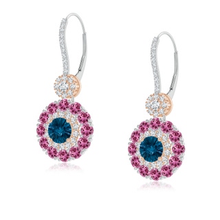 5mm AAAA London Blue Topaz and Pink Tourmaline Double Halo Earrings in White Gold Rose Gold