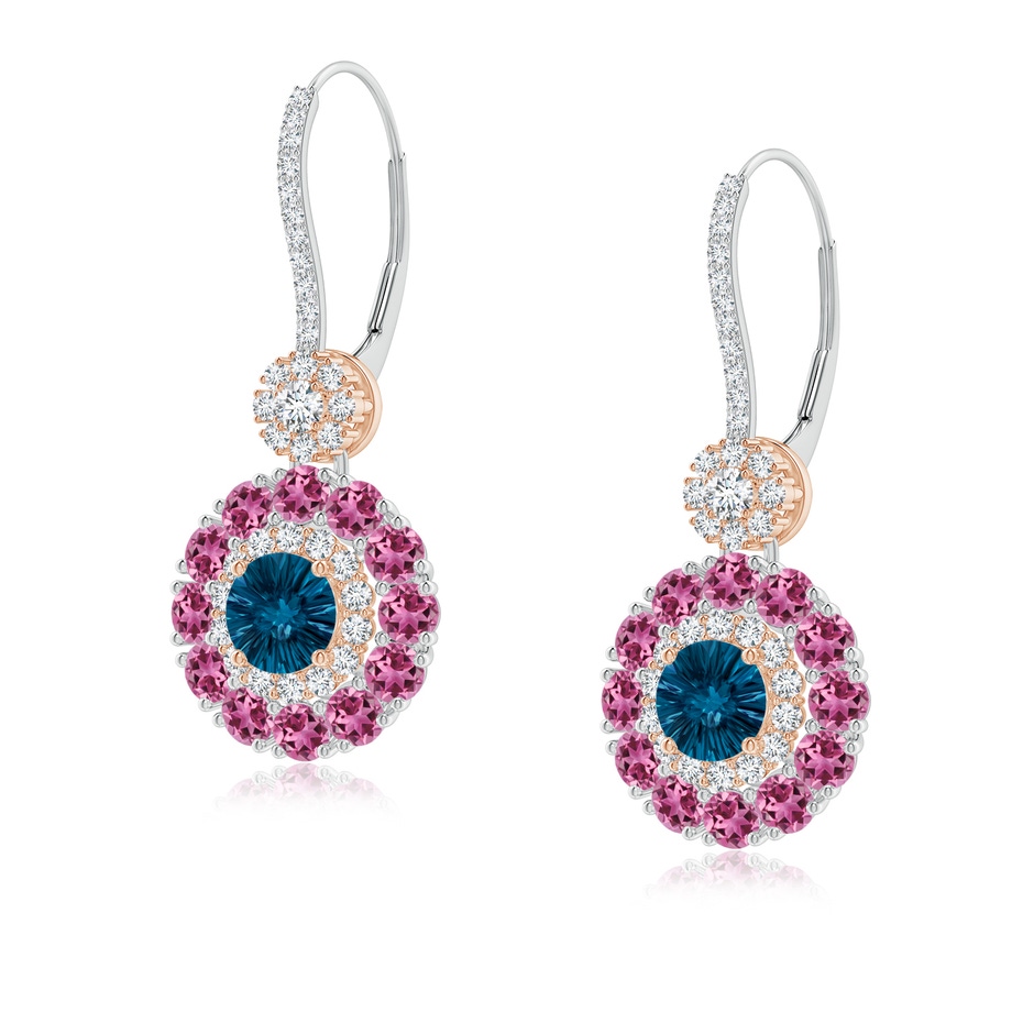 5mm AAAA London Blue Topaz and Pink Tourmaline Double Halo Earrings in White Gold Rose Gold 