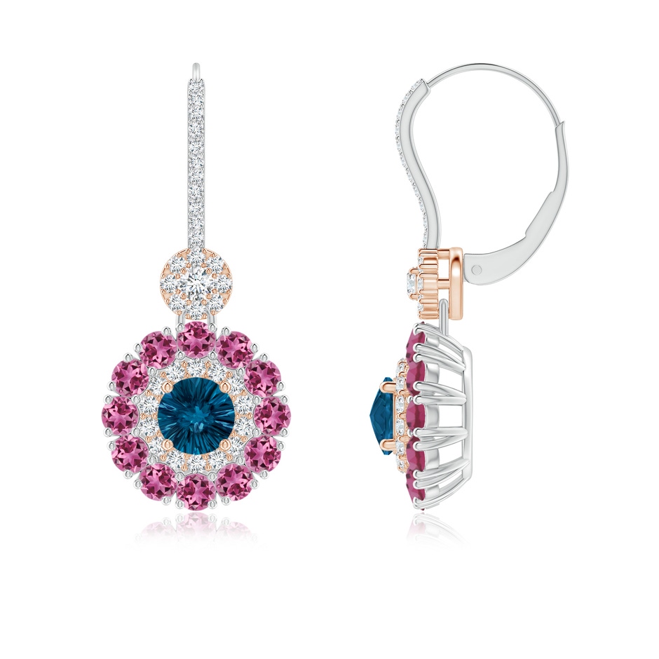 5mm AAAA London Blue Topaz and Pink Tourmaline Double Halo Earrings in White Gold Rose Gold side-1